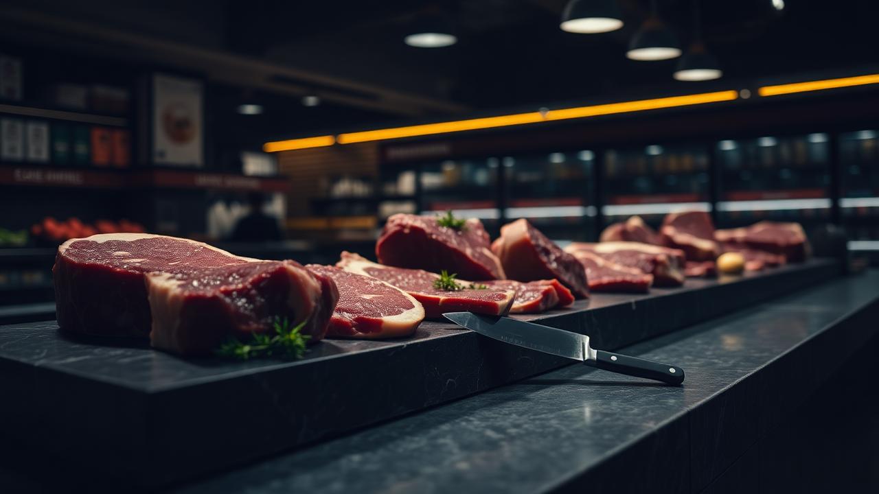 Balcão refrigerado de açougue em supermercado com cortes bovinos