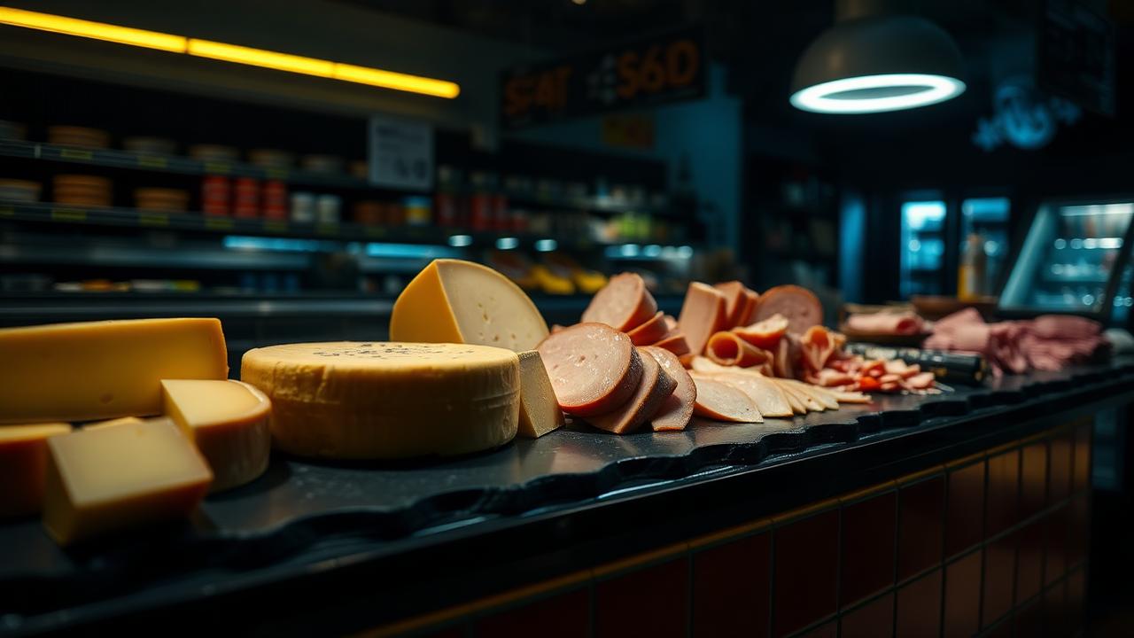 Balcão de frios e laticínios em supermercado com queijos e presuntos