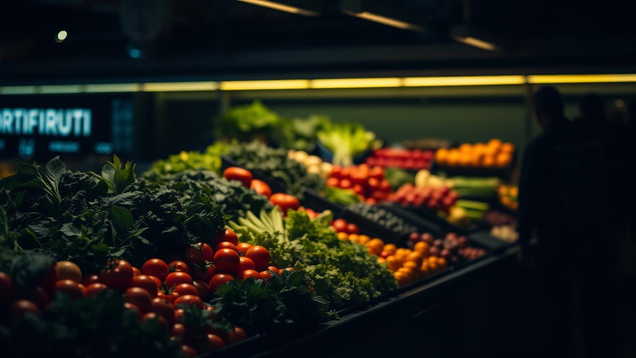 Frutas, verduras e legumes expostos em gôndola de supermercado