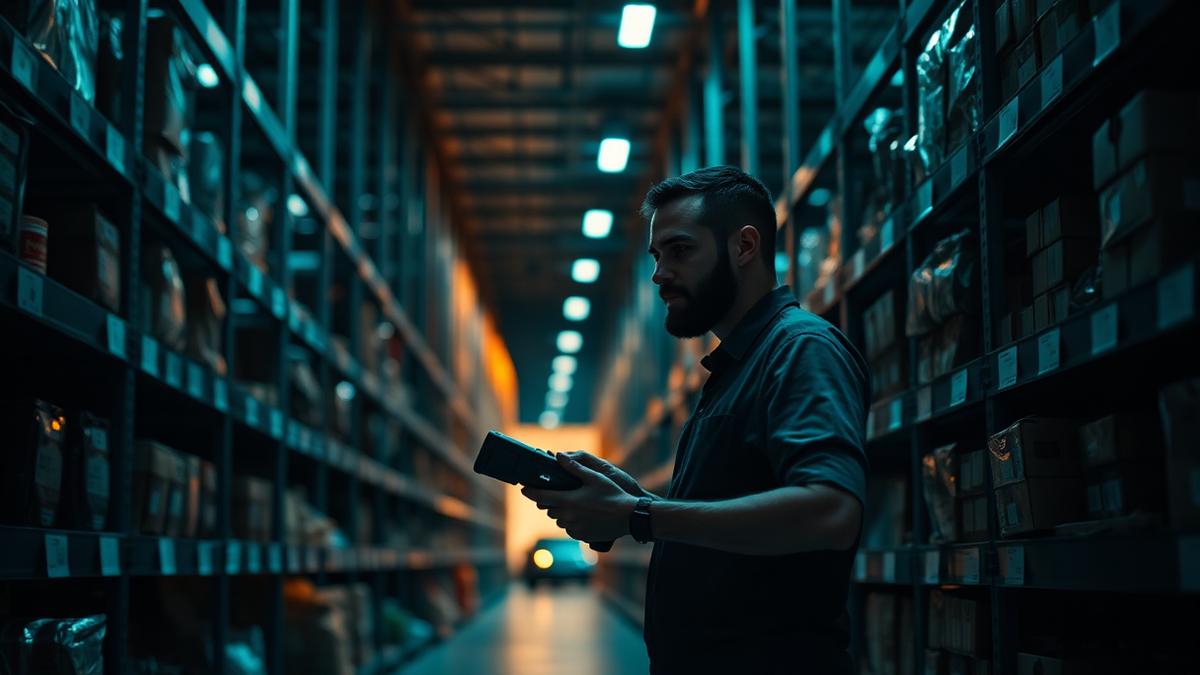 Colaborador de supermercado realizando contagem de estoque com coletor de dados