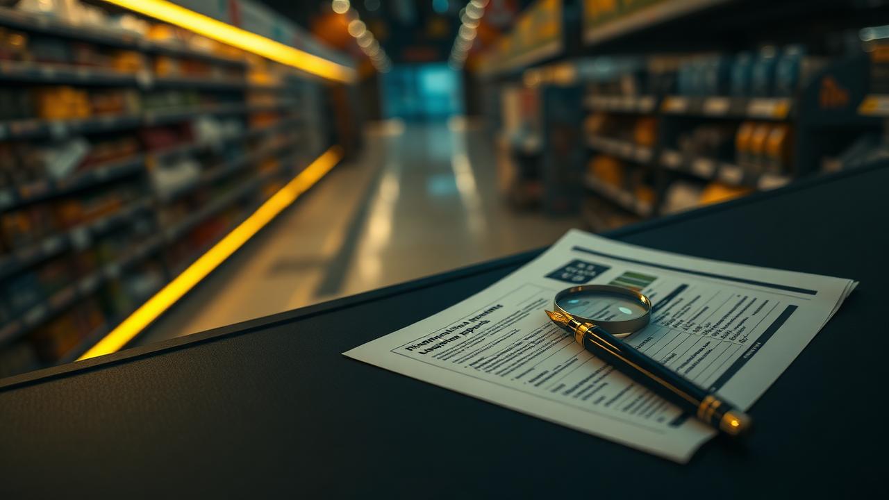 Ilustração de laudo de recuperação de perdas para supermercado com documentos e gráficos financeiros