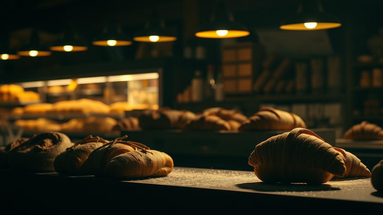 Vitrine de padaria de supermercado com pães e produtos de rotisseria
