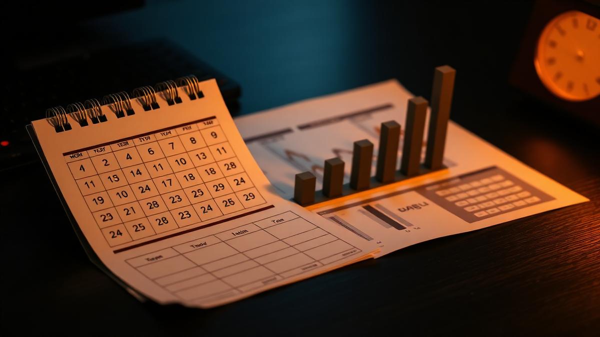 Calendário e documentos financeiros sobre mesa escura representando período de recuperação